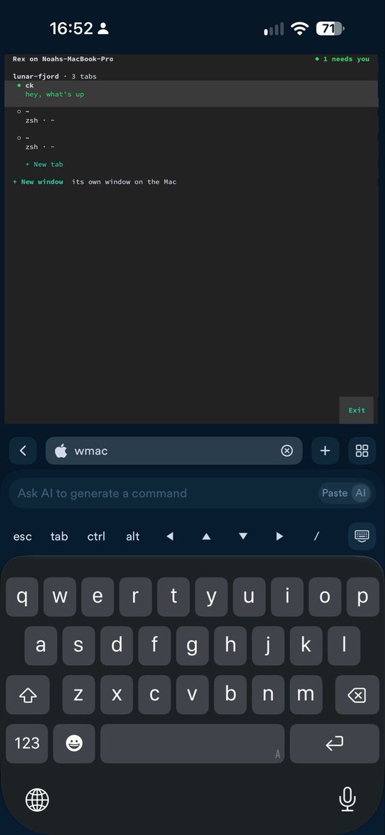 A mobile phone screenshot shows a terminal application connected to 'Rex on Noahs-MacBook-Pro' with an SSH command being typed in the search bar at the bottom.