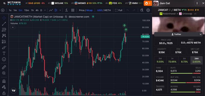 A cryptocurrency trading chart showing JAMCAT/WETH on Uniswap v3, with the token currently priced at 0.047625 ETH and showing a 73.62% gain.