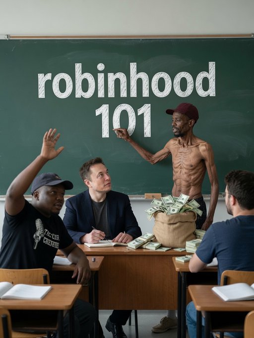 A classroom setting with a chalkboard reading "robinhood 101," where a shirtless emaciated man in a red cap teaches two attentive students (one resembling Elon Musk) while a large burlap sack of cash sits on the desk, satirically illustrating the "Robinhood 101" lesson about empty wallets and the need to eat before bridging crypto, as captioned by "Hood morning."