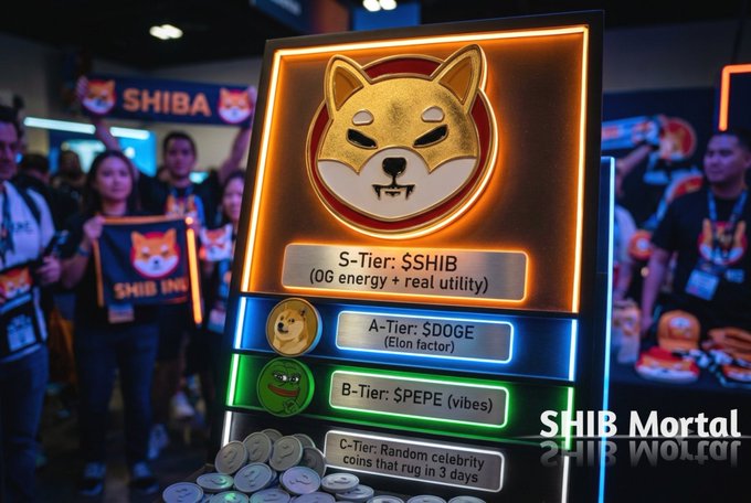 The image shows a meme coin tier list display at what appears to be a crypto convention, featuring a prominent Shiba Inu logo at the top with ranked categories: S-Tier $SHIB (OG energy + real utility), A-Tier $DOGE (Elon factor), B-Tier $PEPE (vibes), and C-Tier for random celebrity coins that rug in 3 days. The display includes the "SHIB Mortal" branding in the corner, with enthusiastic fans visible in the background, perfectly matching the post's tier list ranking of meme coins.