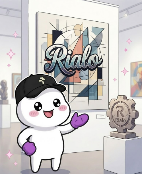 An illustration of a white cartoon mascot wearing a black cap and purple gloves, standing in an art gallery next to an abstract painting labeled 'Rialo' and a bronze medallion also marked 'Rialo'.