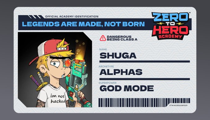 A stylized "Official Academy Identification" card from "Zero to Hero Academy" featuring an anime-style character named "Shuga" (Archetype: Alphas, Superpower: God Mode) holding a futuristic weapon, with the slogan "Legends are Made, Not Born" and a "Dangerous Being Class A" warning, representing the user's generated ZTH Academy Enrollee ID NFT used to apply for a whitelist spot.
