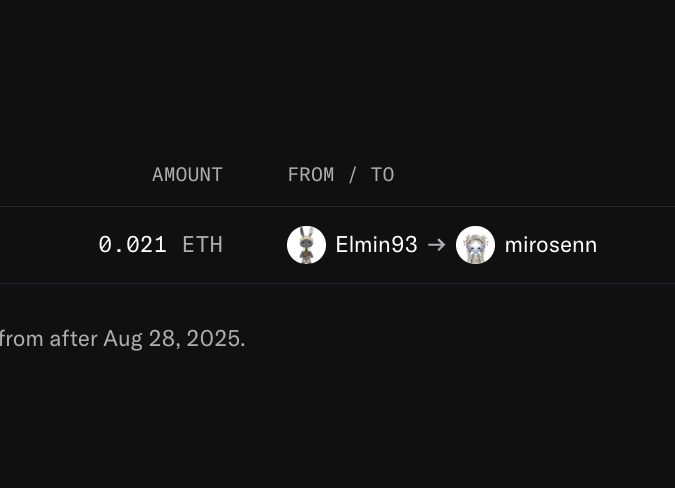 A dark-themed screenshot shows an ETH transaction of 0.021 from Elmin93 to mirosenn, with partial text reading 'from after Aug 28, 2025.'