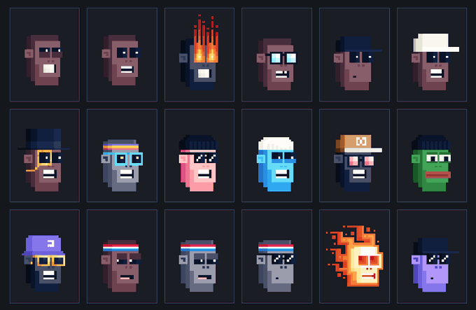 A 4x6 grid of 18 pixelated character sprites featuring diverse designs with various colors, hats, glasses, and fiery effects. The pixel art collection likely represents a whitelist or NFT collection related to the BITFOOTS project mentioned in the Zcash ecosystem post.