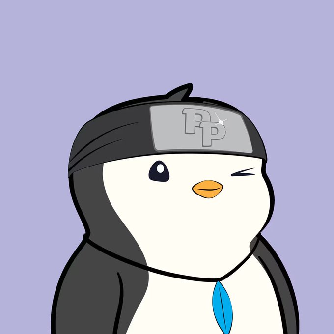 The image features a cartoon penguin wearing a bandana that reads "PPD" (Puddly Penguin). The penguin appears to be dressed for an important occasion or event, as indicated by its attire. The surrounding text suggests that this penguin character belongs to the company @pudgypenguins and is available for purchase at $ETH prices.