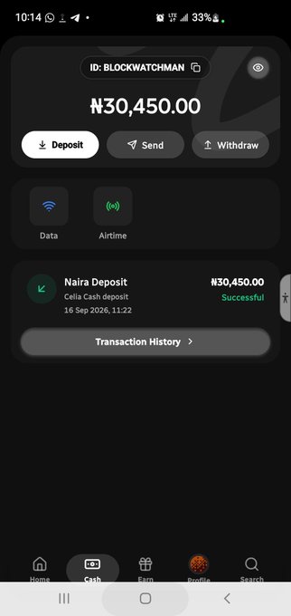 A mobile wallet app screenshot showing an account "ID: BLOCKWATCHMAN" with a balance of ₦30,450.00 and a successful Naira deposit via Cella Cash.