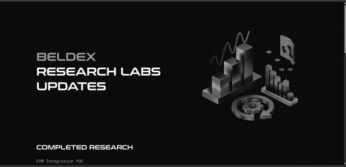 A dark presentation slide titled 'BELDEX RESEARCH LABS UPDATES' highlighting 'COMPLETED RESEARCH: EVM Integration POC' with 3D bar chart and data graphics.