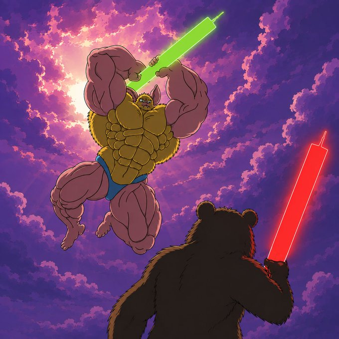 The image depicts an epic anime-style showdown where a muscular bat-like creature wearing blue briefs wields a glowing green neon sword while leaping dramatically from a vibrant purple and pink sky toward a silhouetted bear figure holding a red neon katana below—mirroring the "hoodrat was built for this" caption by portraying a comically overpowered, larger-than-life warrior ready to strike down his adversary in a retro 80s action aesthetic.