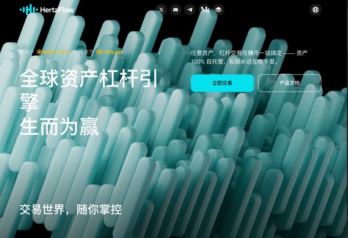 Promotional banner for HertzaFlow featuring Chinese text '全球资产杠杆引擎 生而为赢' (Global Asset Leverage Engine, Born to Win) with a '立即交易' (Trade Now) button.