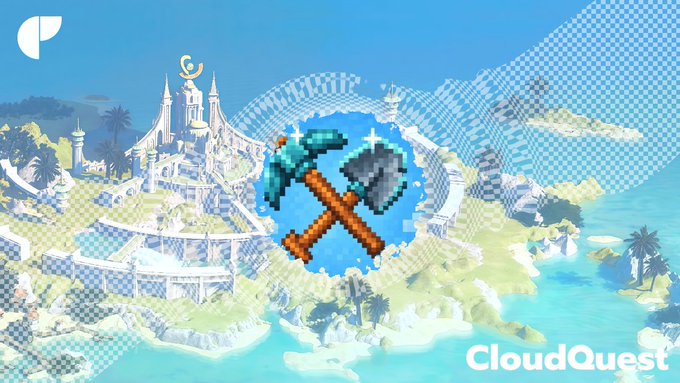 A promotional graphic for 'CloudQuest' featuring a pixelated crossed pickaxe and shovel icon over a fantasy castle island landscape.