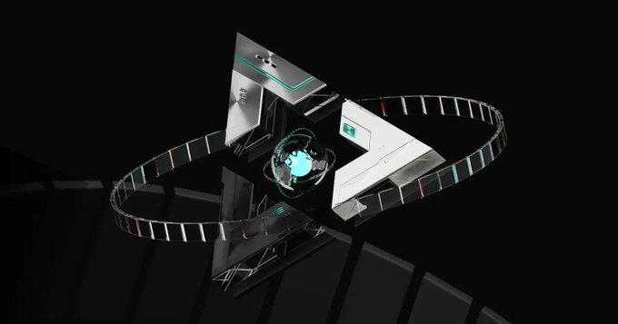 A 3D abstract rendering featuring black and white triangular structures with a teal sphere at the center, surrounded by a segmented ring against a black background.