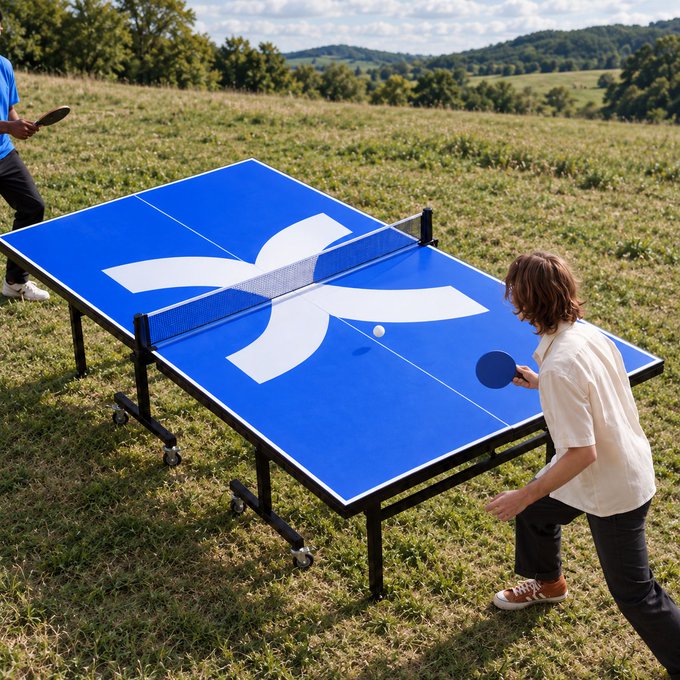 Two players are engaged in an outdoor ping pong match on a blue table featuring a white X-shaped design, with one player preparing to return a mid-air ball. The caption "gm. keep your eye on the ball" ties to the action of the match, emphasizing focus on the ball during play.