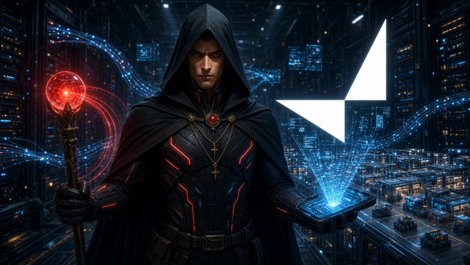 A hooded figure in a dark armored suit with glowing red accents holds a red orb-topped staff in one hand and a holographic Ethereum (ETH) logo in the other, set against a futuristic cyberpunk cityscape.