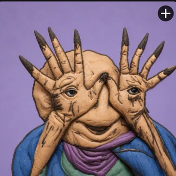 A stylized, unsettling illustration depicts a pale creature with long, spiky fingers covering its face, set against a purple background with a plus icon in the corner.