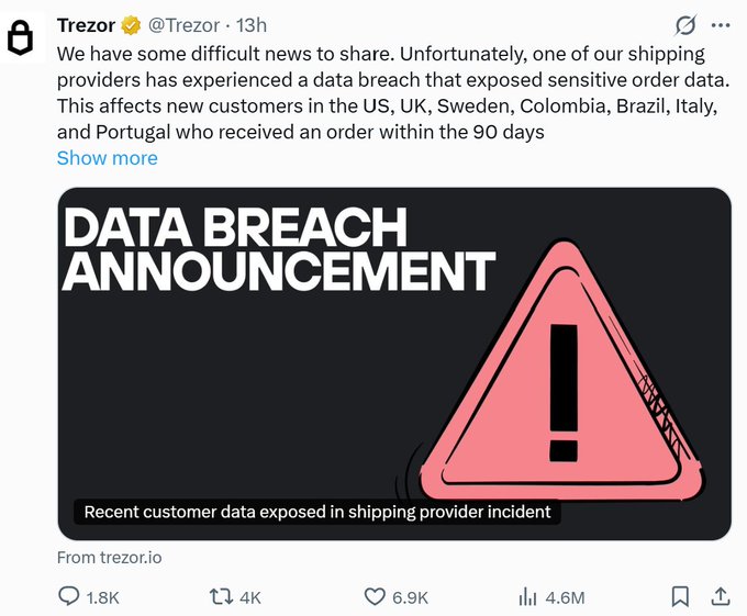 A tweet from Trezor (@Trezor) announcing a data breach affecting new customers in the US, UK, Sweden, Colombia, Brazil, Italy, and Portugal, accompanied by a 'DATA BREACH ANNOUNCEMENT' graphic with a red warning triangle.