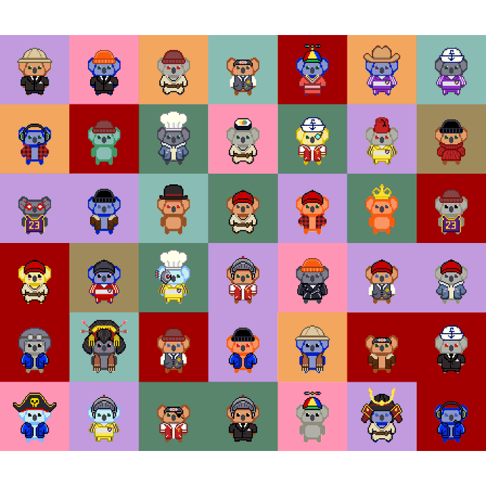 A colorful grid of pixel art monkey characters in various outfits and accessories displayed in colored squares.
