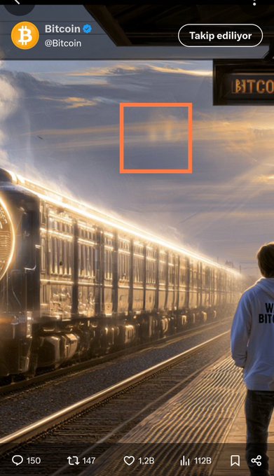 A Bitcoin tweet post featuring an image of a person wearing a white hoodie watching a golden-lit train pass by at sunset, with an orange square highlighting "₿" in the sky clouds and "BITCOIN" signage visible on the right. The post emphasizes preparation for the future and encourages pioneers to continue with Bitcoin and other projects like Pi Network.