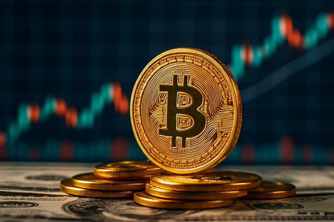 A golden Bitcoin coin stands upright on a stack of other coins atop U.S. dollar bills, with a blurred candlestick chart showing a rising trend in the background. The image visually reinforces the story of a dormant Bitcoin wallet transferring 5,908 BTC ($382.7M) after years of inactivity, symbolizing a significant market move against a backdrop of bullish price action.