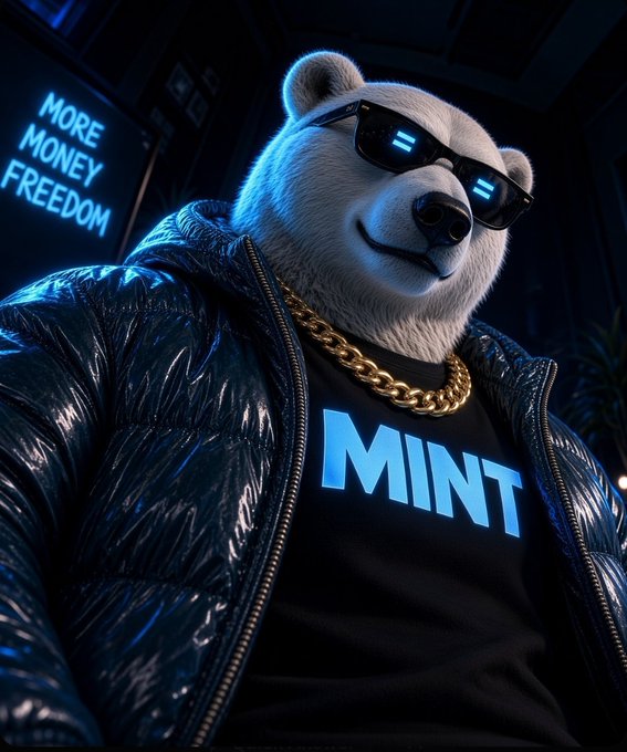 A 3D-rendered polar bear character wearing black sunglasses with glowing blue digital eyes, a shiny black puffer jacket, a gold chain, and a shirt that reads "MINT," with neon text in the background saying "MORE MONEY FREEDOM."