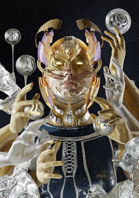 Elaborate 3D rendered artwork featuring a golden samurai-inspired mask/head surrounded by multiple golden and silver hands manipulating metallic spheres and crystals against a dark textured background.