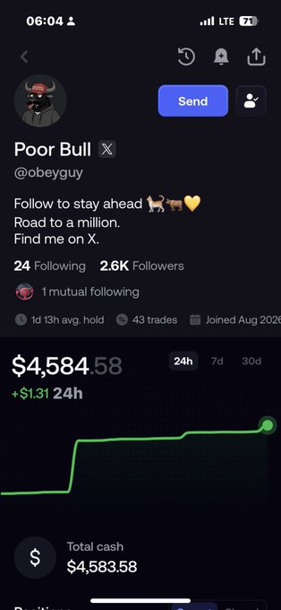 A Robinhood app screenshot of the profile 'Poor Bull' (@obeyguy) showing $4,584.58 total cash, a +$1.31 24h gain, 2.6K followers, and a green portfolio chart.