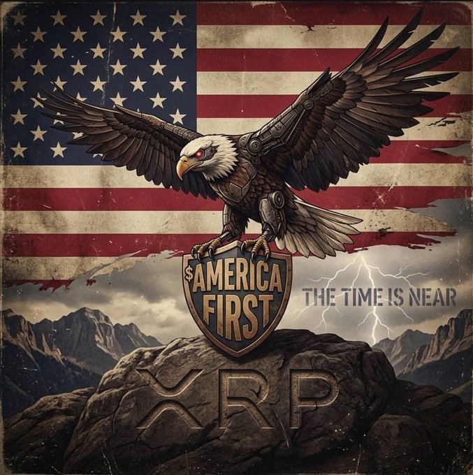 A patriotic illustration featuring a mechanical bald eagle perched on a shield reading "AMERICA FIRST" with "THE TIME IS NEAR" displayed beside it, set against an American flag backdrop with mountains below and XRP carved into the rock.