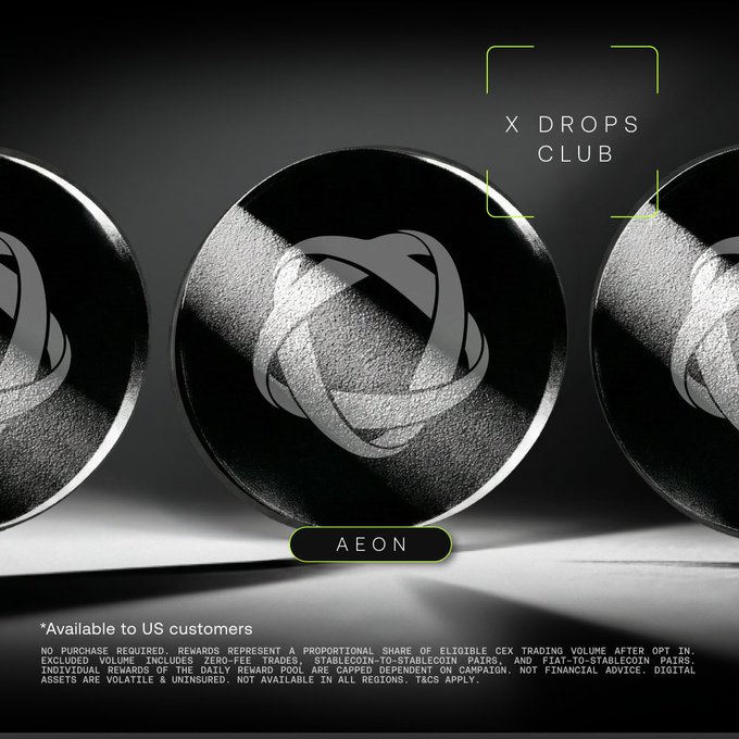 A promotional graphic for OKX's "X Drops Club" featuring metallic AEON coin medallions, advertising a trading campaign with a 140K USDC reward pool where AEON volume counts 3x toward rewards for US customers.