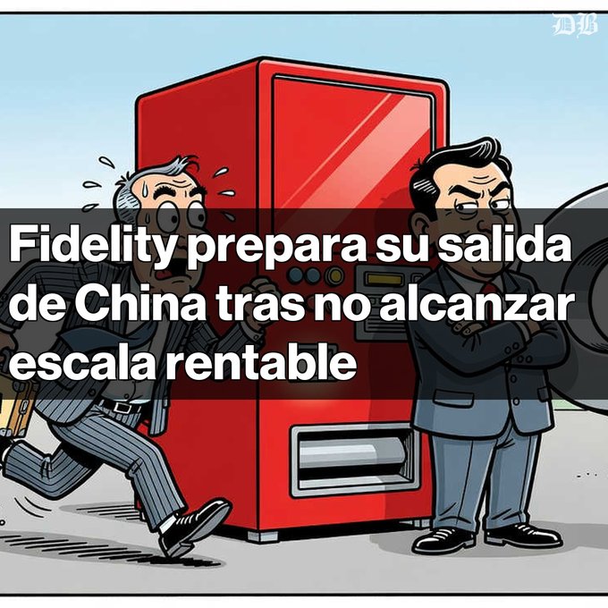 A political cartoon showing two men in suits standing next to a red refrigerator-like machine with a safe, overlaid with Spanish text: 'Fidelity prepara su salida de China tras no alcanzar escala rentable'.