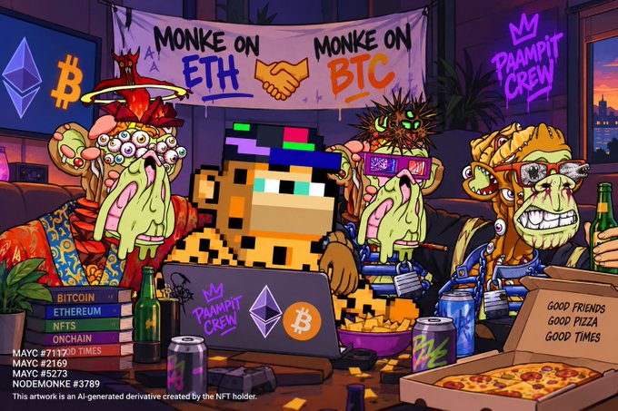 A vibrant cartoon illustration features pixel-art and mutant ape characters with banners reading 'MONKE ON ETH' and 'MONKE ON BTC', along with text including 'PAAMPIT CREW', 'GOOD FRIENDS GOOD PIZZA GOOD TIMES', and NFT contract details like 'MAYC #7117/10000' and 'NODEMONKE #3789'.