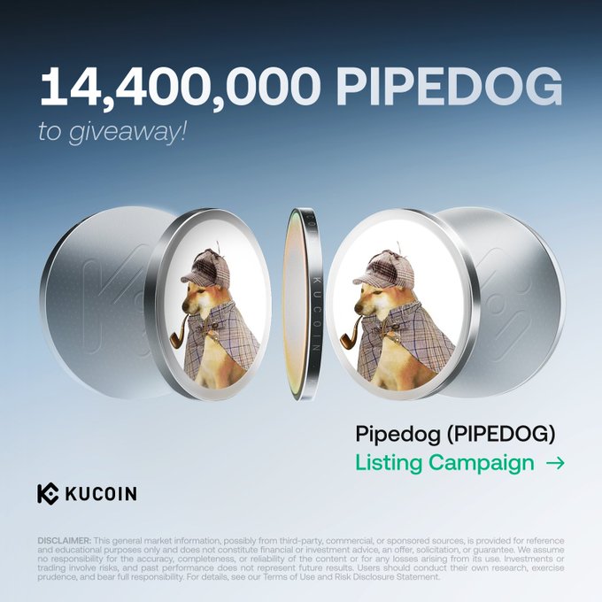 A KuCoin promotional banner announces a giveaway of 14,400,000 PIPEDOG tokens, featuring a Sherlock Holmes-styled dog mascot on two coin designs, with links to the PIPEDOG listing campaign. The image aligns with the accompanying post by promoting KuCoin's dual activities—the 12,000,000 PIPEDOG GemSlot Carnival and 2,400,000 PIPEDOG learning reward—to celebrate the token's spot market debut.