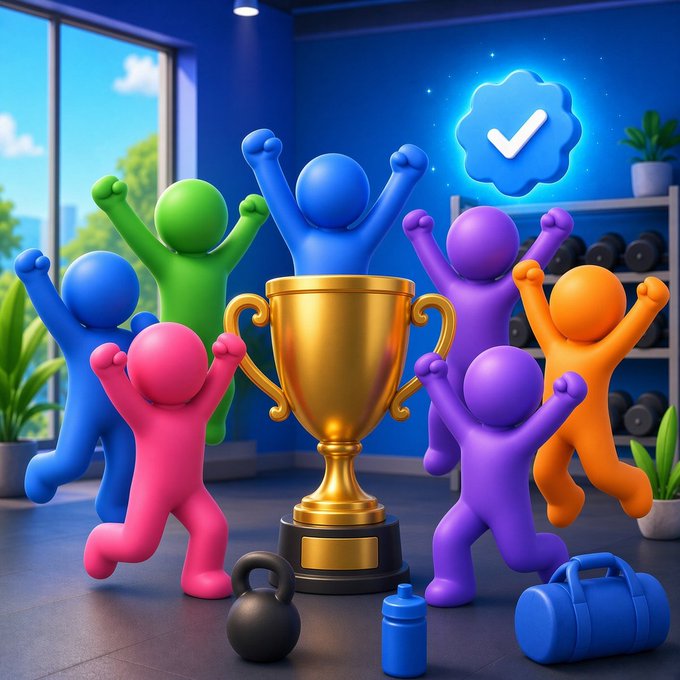 A 3D illustration showing colorful stylized figures (pink, blue, green, purple, orange) cheering with raised arms around a large golden trophy in a gym setting, with a blue checkmark badge in the upper right.
