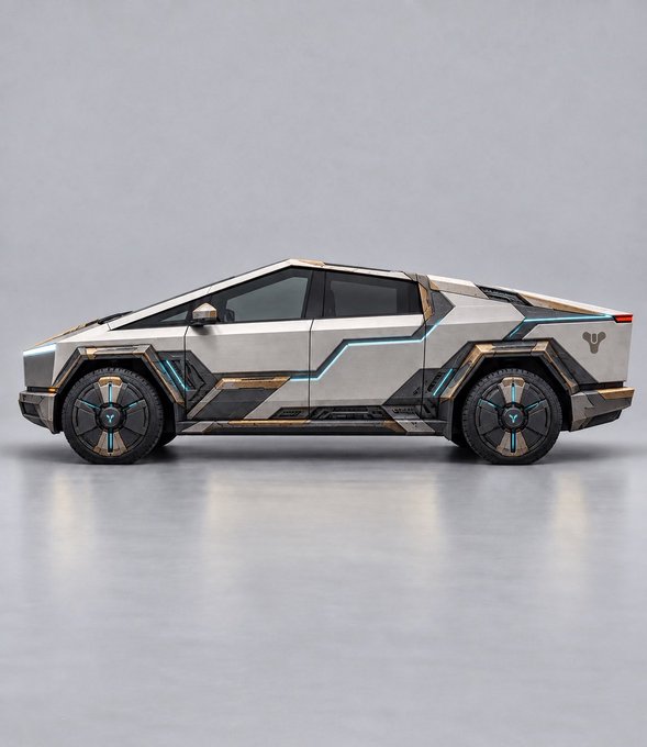 A futuristic Tesla Cybertruck rendered in a sleek white, gray, and bronze color scheme with glowing blue accent lights against a plain gray background.