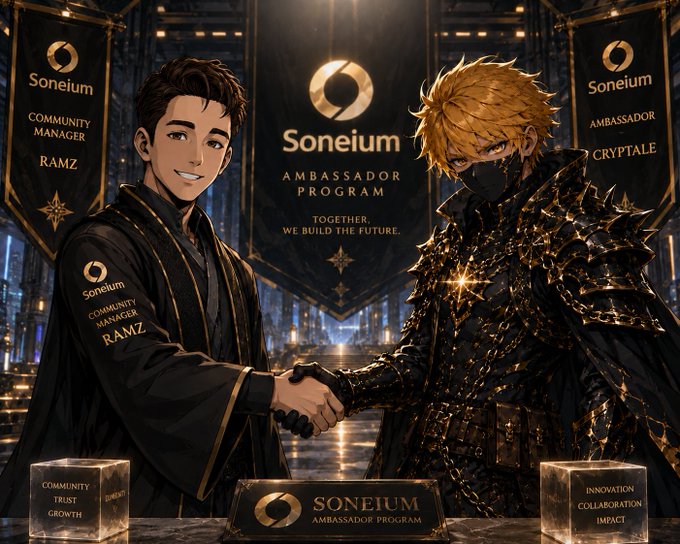 An anime-style promotional image for the 'Soneium Ambassador Program' showing two characters—a dark-haired man labeled 'RAMZ, Community Manager' and a blonde masked warrior named 'CRYPTALE'—shaking hands against banners reading 'Together, we build the future.'