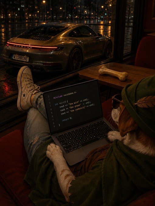 A person in a green hat relaxes with a laptop displaying C++ code (#include <wishbone.h>) and a dog, while looking out a window at a grey Porsche with a 'WISHBONE' license plate parked on a rainy street.