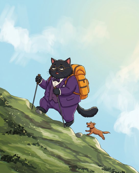 A whimsical cartoon illustration of a black cat wearing glasses, a purple suit, and an orange backpack hiking with trekking poles up a grassy hill, accompanied by a small brown dog.