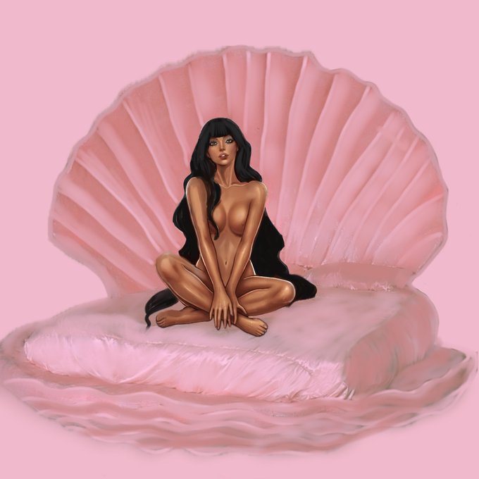 This digital painting depicts a nude woman with long black hair, closely resembling Kim Kardashian, seated cross-legged on an oversized pink seashell in the style of Bottic