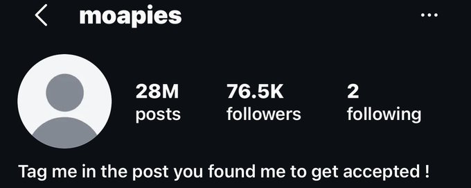 An Instagram profile page for 'moapies' showing 28M posts, 76.5K followers, and 2 following, with a caption reading 'Tag me in the post you found me to get accepted !'.