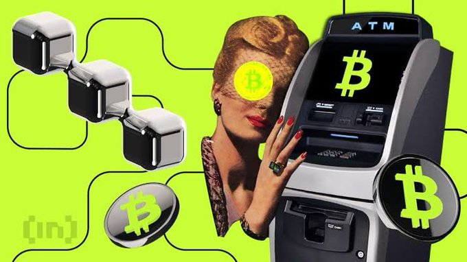 A digital collage on a bright green background featuring a retro-styled woman with a Bitcoin symbol covering one eye, alongside 3D Bitcoin coin icons, cube graphics, and an ATM machine displaying the Bitcoin '₿' logo.