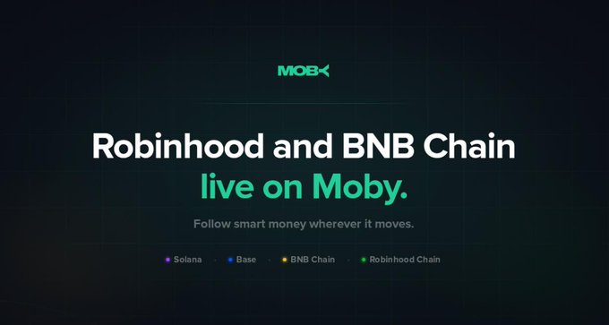 The Moby logo is displayed alongside the text "Robinhood and BNB Chain live on Moby." This visual announcement aligns with the post's message about Moby's integration with these platforms for Android users.