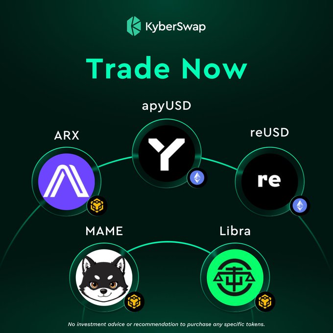 The image shows a series of logos from different crypto tokens, including ApyUSD, ARX, reUSD, MAME, Libra, and others, displayed against a green background. The text "Trade Now" suggests that trading these coins is now possible through the provided options. Additionally, there are small images of dogs around the logos to create a more engaging visual experience for the viewers.