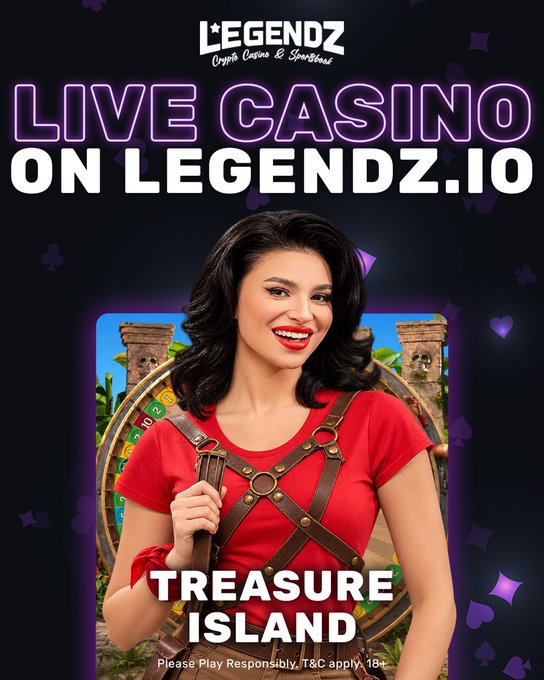 The promotional graphic for Legendz.io features a smiling woman in a red top with leather straps in front of a colorful Treasure Island-themed wheel, displaying the text "LIVE CASINO ON LEGENDZ.IO" and "TREASURE ISLAND," along with a responsible gambling notice for ages 18+. The image directly complements the post's message by showcasing the exciting live casino Treasure Island game available on the Legendz.io platform.