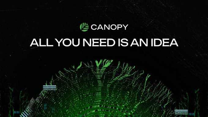 A Canopy promotional graphic with the slogan 'ALL YOU NEED IS AN IDEA' displayed over a green digital landscape with circuit-board style trees.