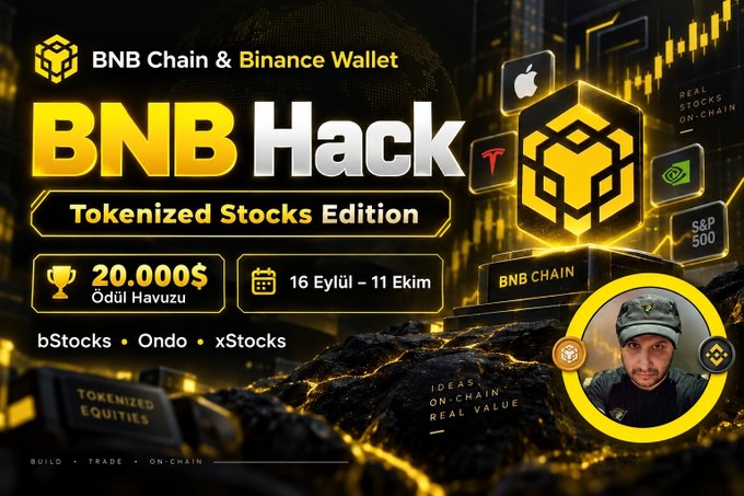 A promotional graphic for 'BNB Hack - Tokenized Stocks Edition' on BNB Chain & Binance Wallet, featuring a $20,000 prize pool, dates '16 Eylül - 11 Ekim', partners bStocks, Ondo, and xStocks, with a YouTuber's portrait in the corner.