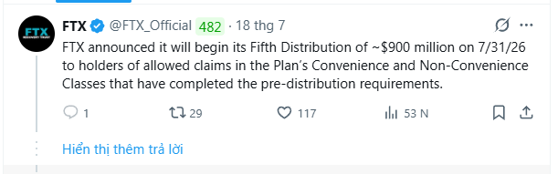 Tweet from FTX (@FTX_Official) announcing the Fifth Distribution of ~$900 million on 7/31/26 to holders of allowed claims who completed pre-distribution requirements.