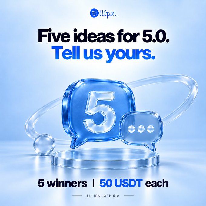 A promotional graphic for Ellipal featuring the tagline "Five ideas for 5.0. Tell us yours." alongside translucent glass-like speech bubble icons with a large "5" and ellipsis, announcing a contest where 5 winners will receive 50 USDT each for the Ellipal App 5.0 by replying with their wallet app improvement ideas.