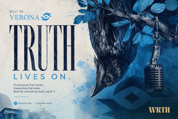 A promotional graphic for "Built on Verona" featuring the headline "TRUTH LIVES ON." alongside an artistic illustration of a raven perched near a vintage microphone, with the tagline "Provenance that travels. Ownership that stays. Built for everything that's worth it." The image ties to the WRTH (Verona) community space, highlighting their $3M pre-seed funding and AI-native operating system for the resale and collectibles market.