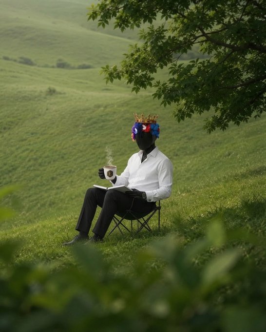 A surreal image of a person wearing a crown and a colorful mask sitting on a chair in a green field, reading a book and holding a cup of coffee.