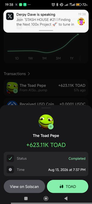 A mobile phone screenshot showing a crypto wallet transaction for 'The Toad Pepe' with '+623.11K TOAD', completed on Aug 13, 2024, with a Twitter notification about 'Derpy Dave' speaking.