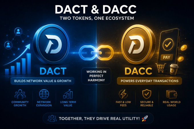 A promotional graphic titled 'DACT & DACC' explaining 'TWO TOKENS, ONE ECOSYSTEM', showing blue DACT coin focusing on network growth and gold DACC coin powering everyday transactions.