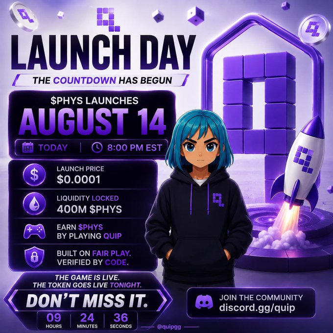 A purple promotional poster for '$PHYS LAUNCHES AUGUST 14' at 8:00 PM EST, featuring an anime-style character, a rocket, and details including a launch price of $0.0001 and 400M $PHYS liquidity locked.